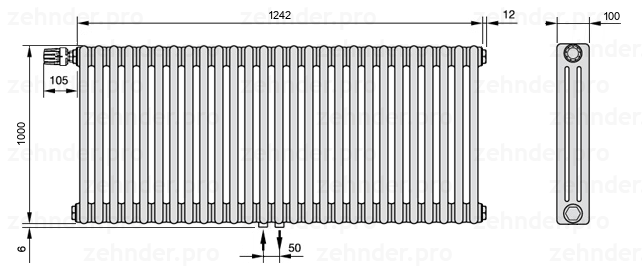 Схема (чертеж) Радиатор Zehnder Charleston 3100/27 №V007 Белый глянцевый RAL 9016